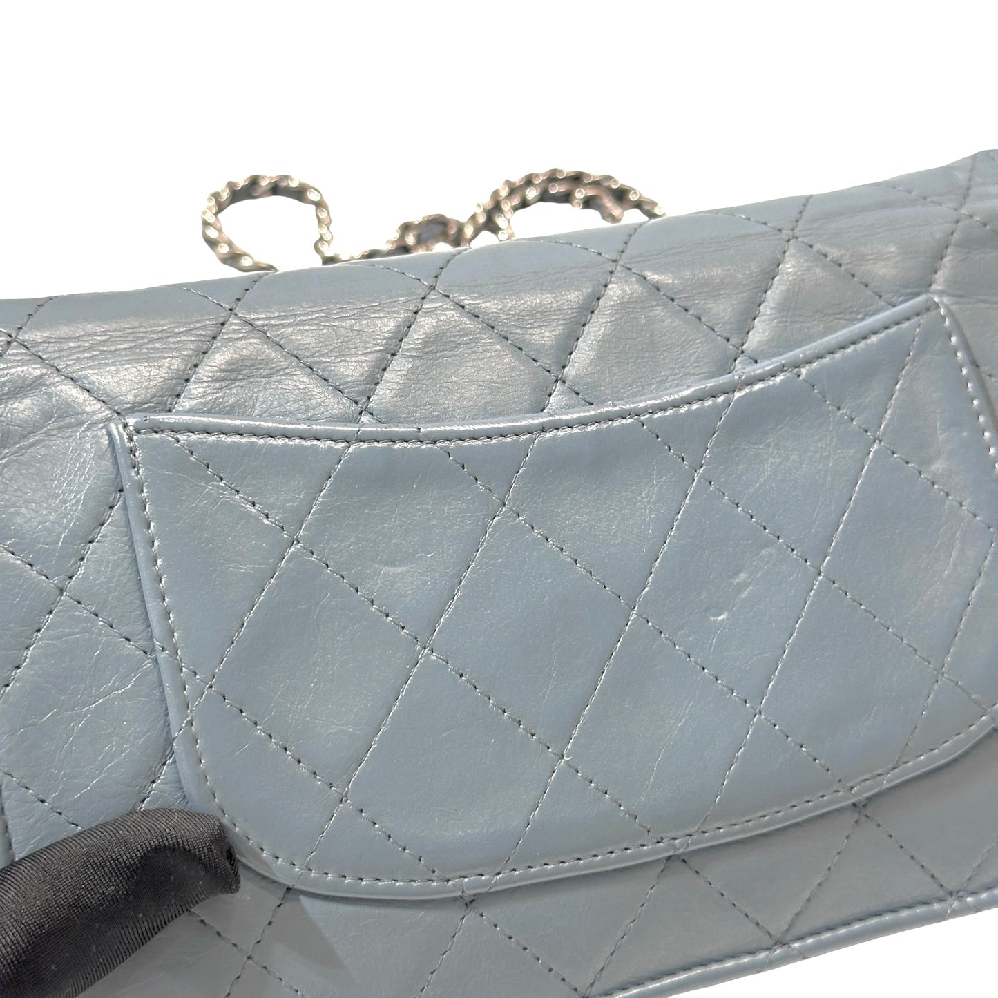 Used Chanel Shiny Calfskin WOC Cross Body Bag Baby Blue PHW