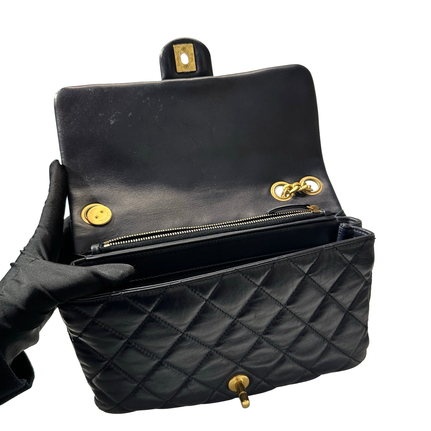 Used CHANEL Lambskin Leather 22K All Slide Adjustable Medium Flap Shoulder Bag Navy GHW