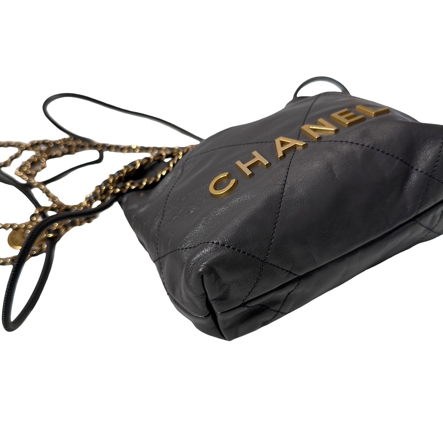 Used CHANEL Calfskin Leather Mini 22 Cross Body Bag Grey PHW