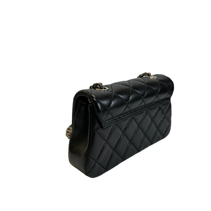 Used CHANEL Quilted Lambskin Mini Rectangular Flap Bag Chain Shoulder Bag Black Gold
