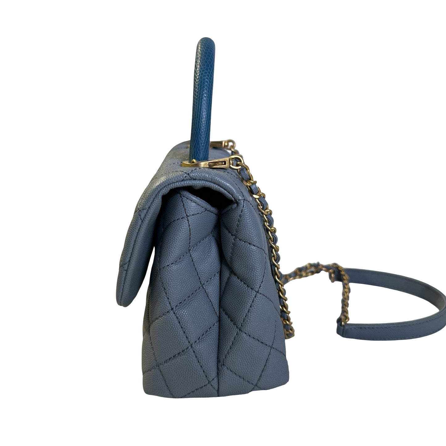 Used CHANEL Quilted Caviar Lizard Coco Handle Handbag Blue