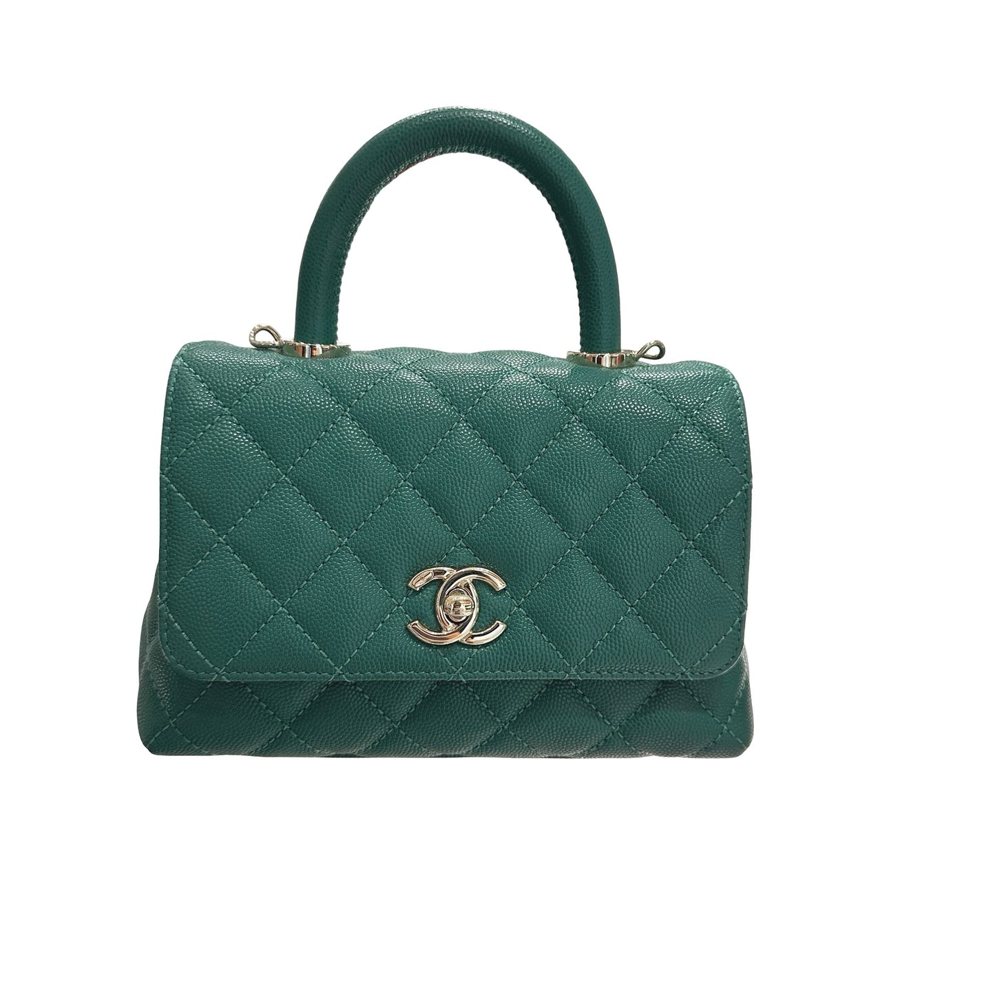 Used CHANEL Calfskin Leather Mini coco handle Two Way Shoulder Bag Green GHW