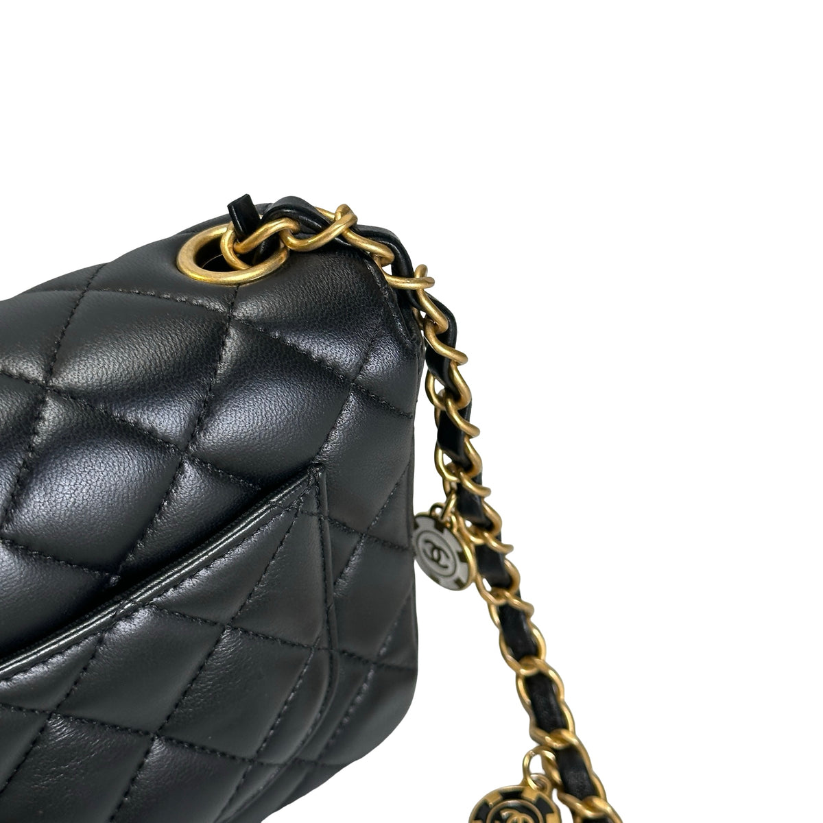 Used CHANEL Quilted Lambskin Mini Flap Bag Shoulder Bag Black Gold
