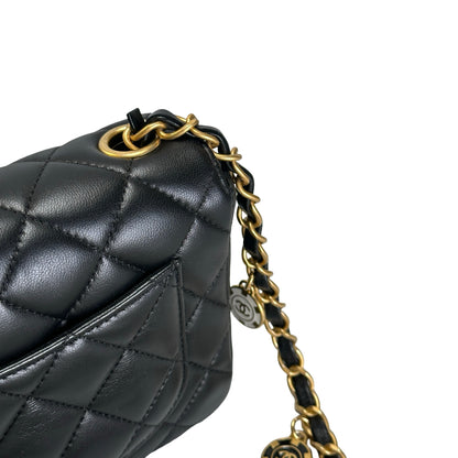 Used CHANEL Quilted Lambskin Mini Flap Bag Shoulder Bag Black Gold