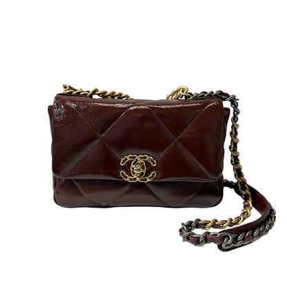 Used CHANEL Waxed Calfskin 19 Small Chain Shoulder Bag Brown GHW