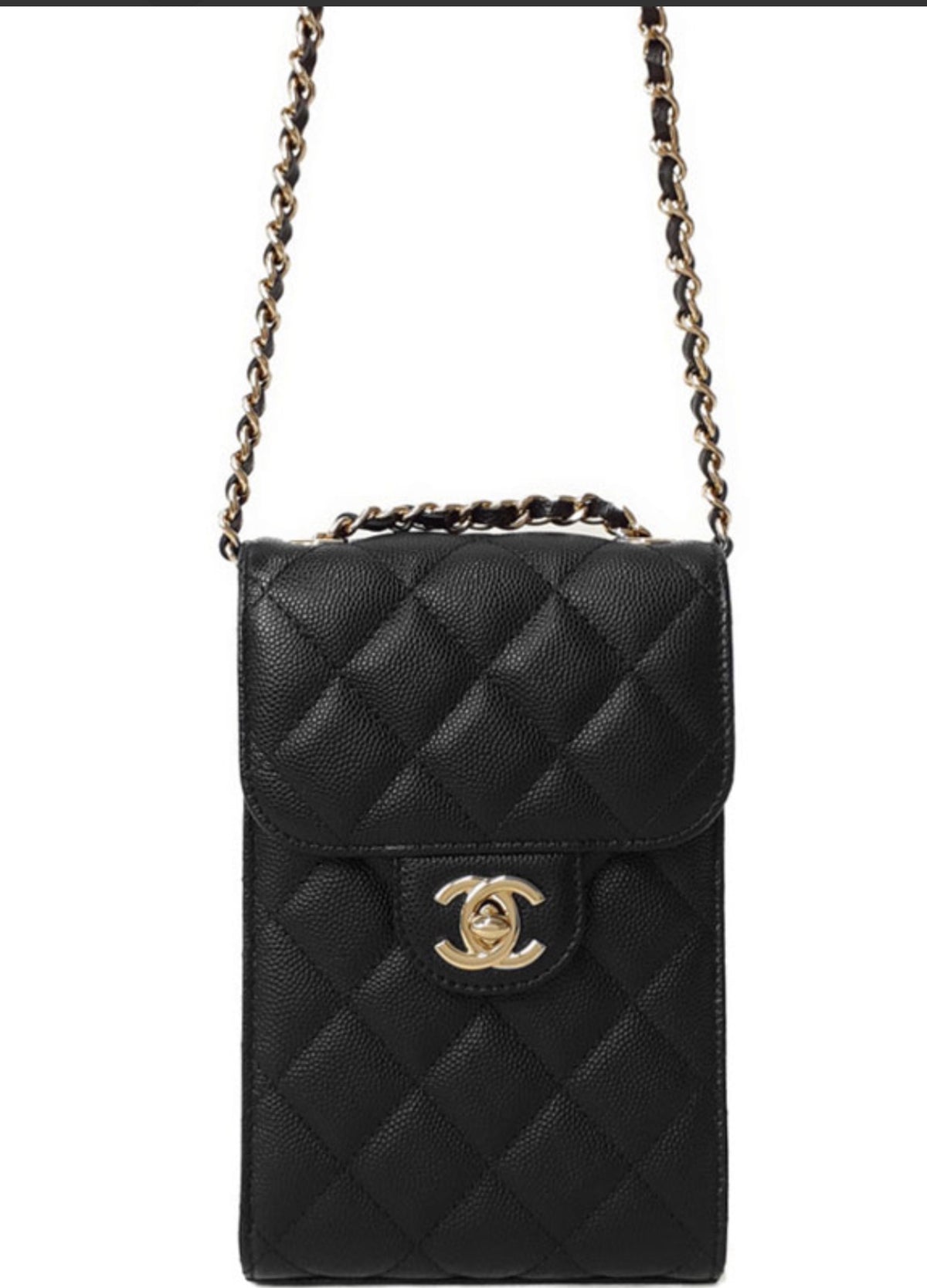 Used CHANEL Quilted Caviar Classic Flap Phone Holder with Chain Phone Bag Black Gold