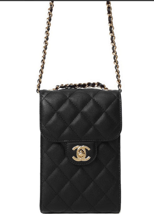 Used CHANEL Quilted Caviar Classic Flap Phone Holder with Chain Phone Bag Black Gold