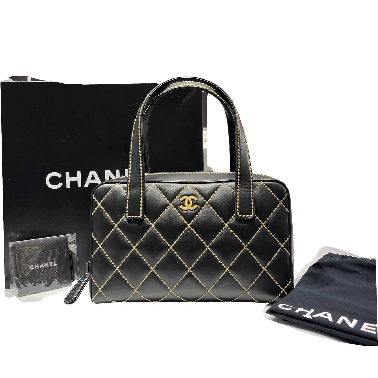 Used CHANEL Calfskin Leather Vintage Handbag Black GHW