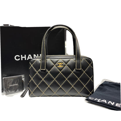 Used CHANEL Calfskin Leather Vintage Handbag Black GHW