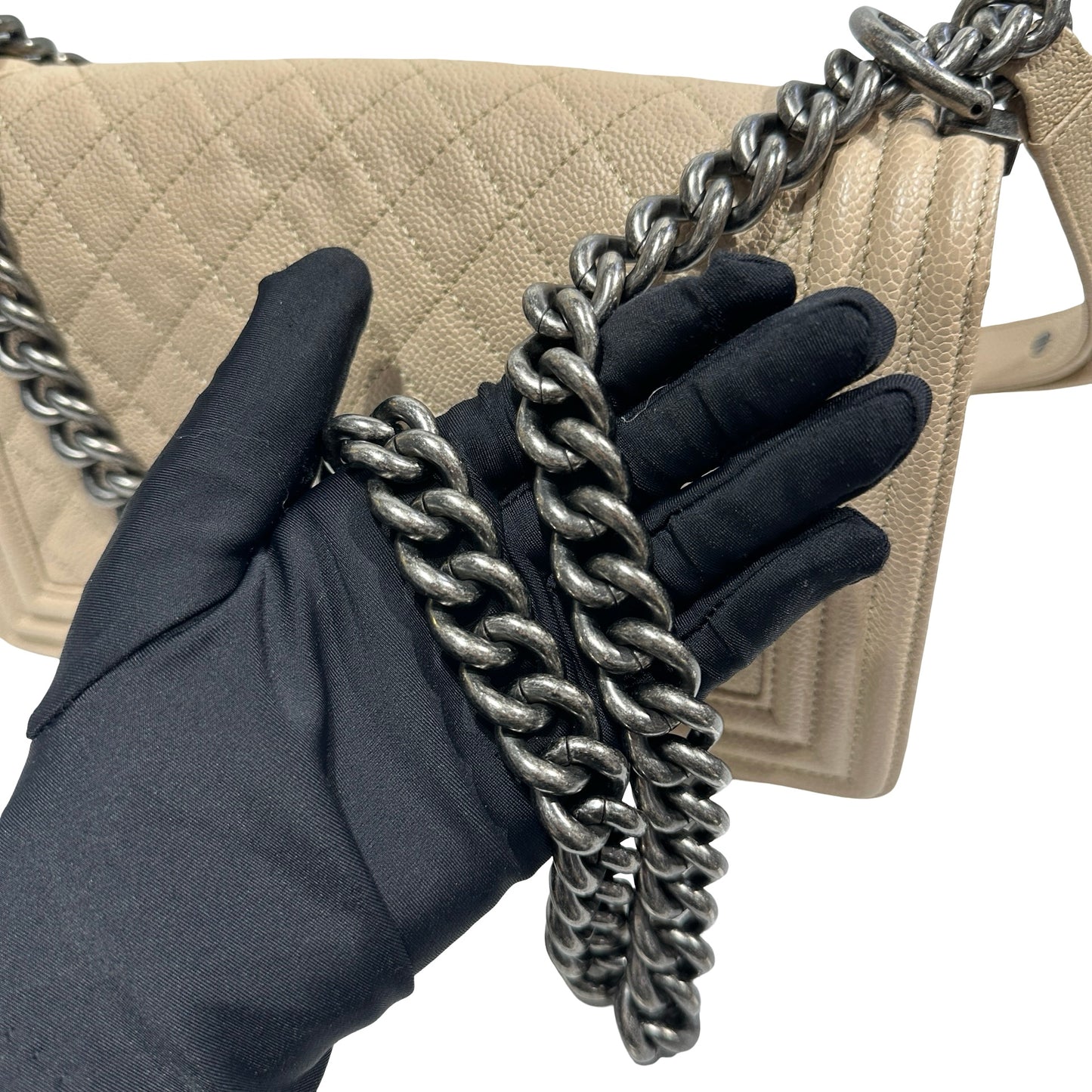 Used Chanel Caviar Leather Boy 25 Shoulder Bag Beige PHW