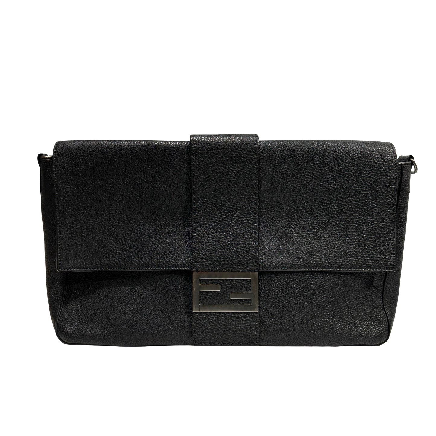 Used FENDI Calfskin Leather Baguette messenger Messenger Bag PHW Black