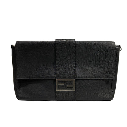 Used FENDI Calfskin Leather Baguette messenger Messenger Bag PHW Black