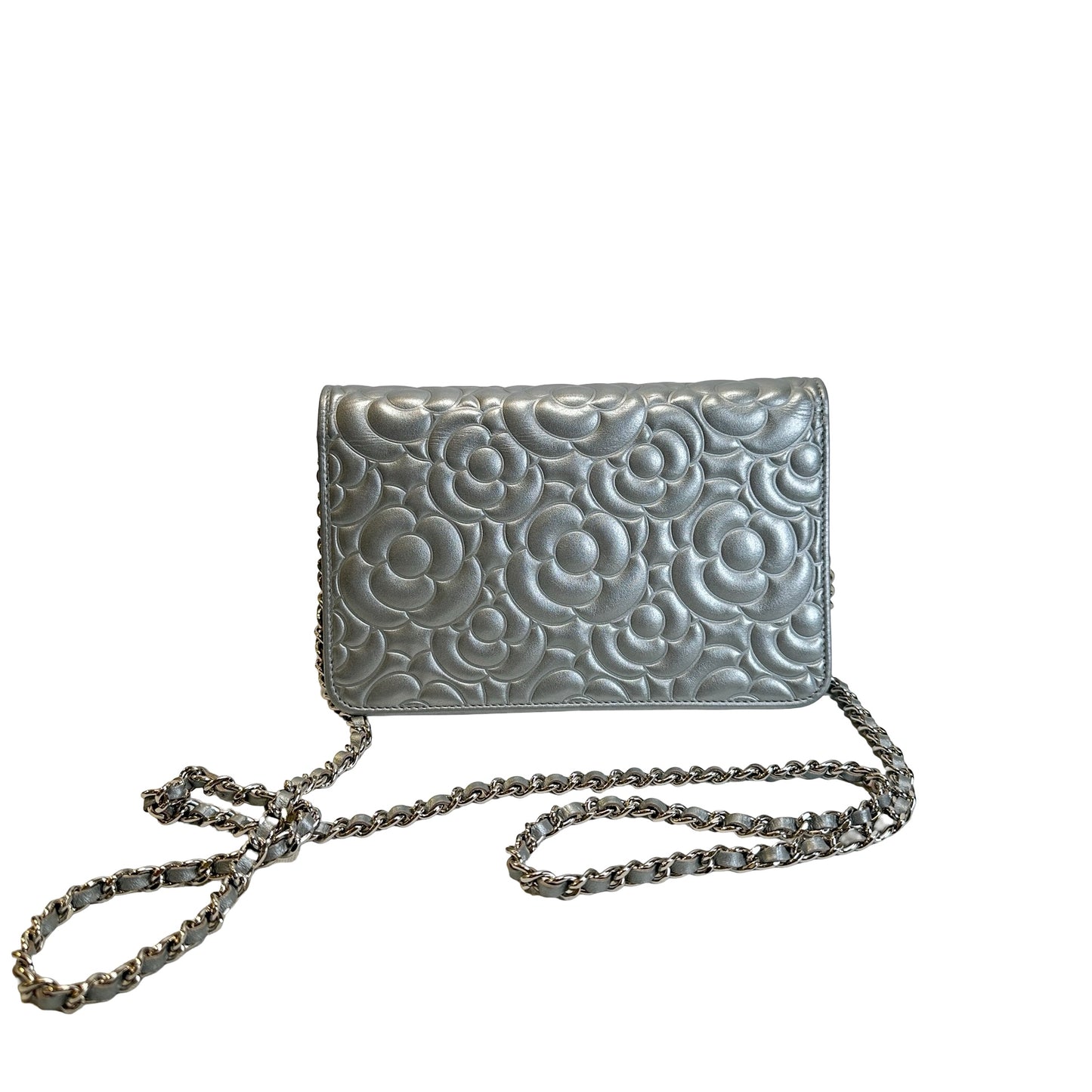 Used CHANEL Camellia Leather woc Wallet on chain Silver，Phw