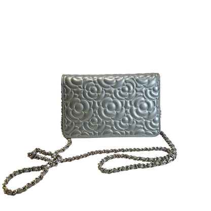 Used CHANEL Camellia Leather woc Wallet on chain Silver，Phw