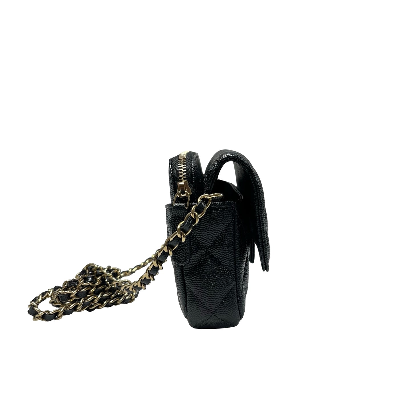 Used CHANEL Caviar Leather Chain Phone Case Cross Body Bag Black GHW