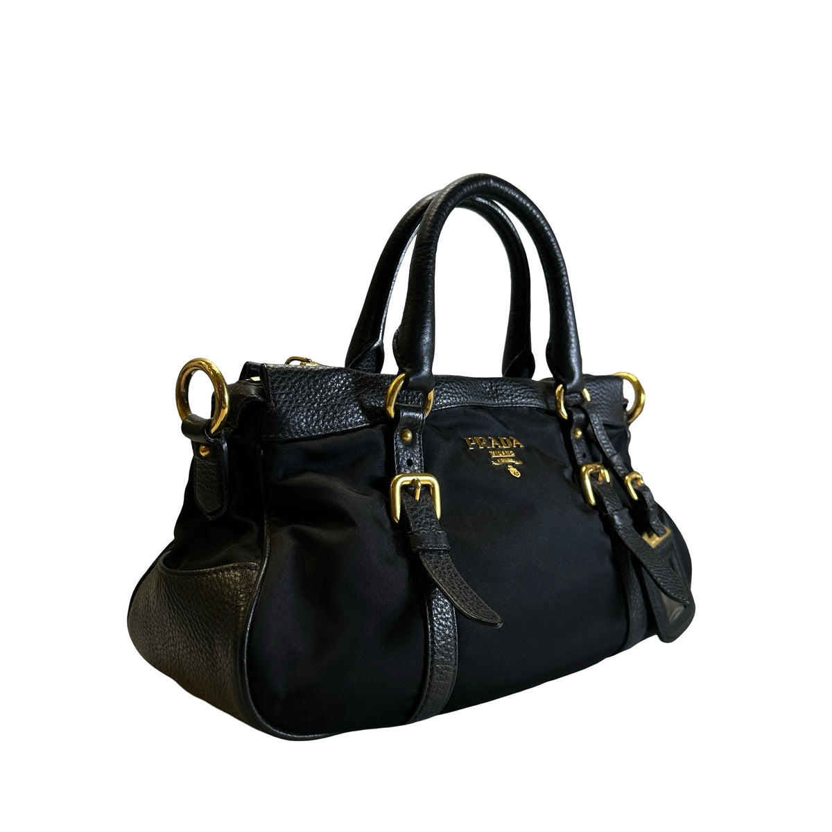 Used PRADA Nylon Leather Tessuto Vitello Daino Satchel Handbag Black Gold