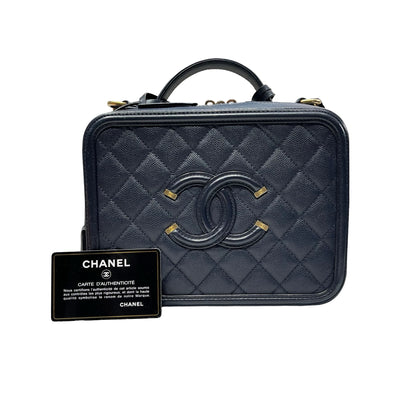 Used CHANEL Calfskin Leather Chanel Vanity Case Vanity Case Navy GHW