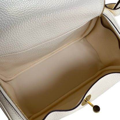 Used HERMES Leather Clemence Lindy Handbag Cream Off-White