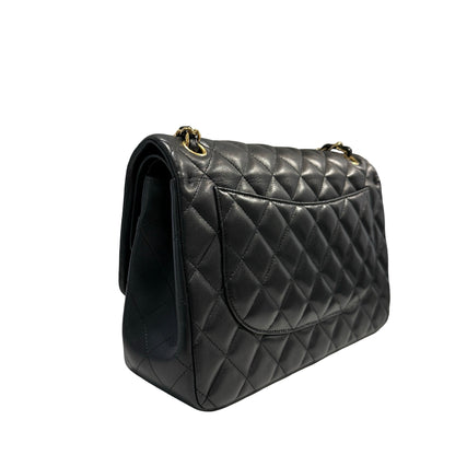 Used CHANEL Lambskin Quilted Jumbo Shoulder Bag Black Gold