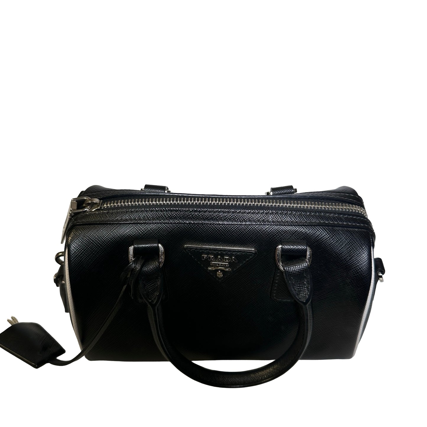Used PRADA Lambskin Leather Small Top Handle Cross Body Bag PHW Black