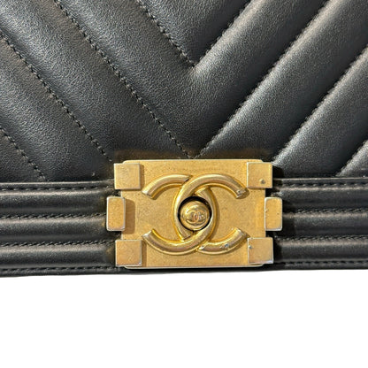Used Chanel Lambskin Leather Boy 25 Shoulder Bag Black GHW