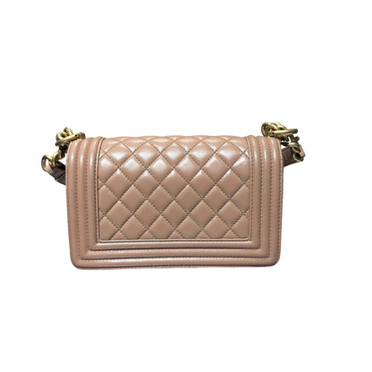 Used CHANEL Calfskin Leather Boy 20cm Shoulder Bag Beige GHW
