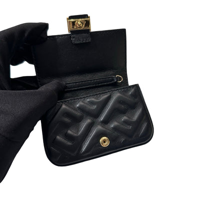 Used Fendi Calfskin Leather Baguette Nano Charm Cross Body Bag Black GHW