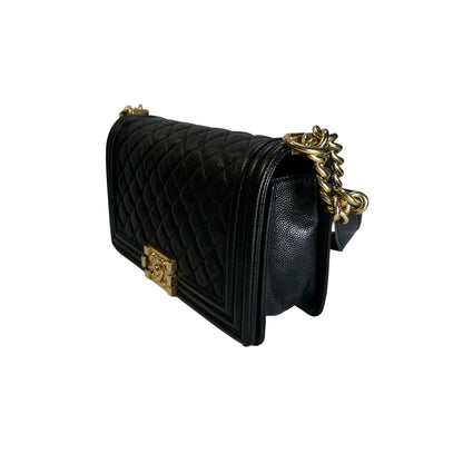 Used CHANEL Caviar Quilted Boy Chain Shoulder Bag Black
