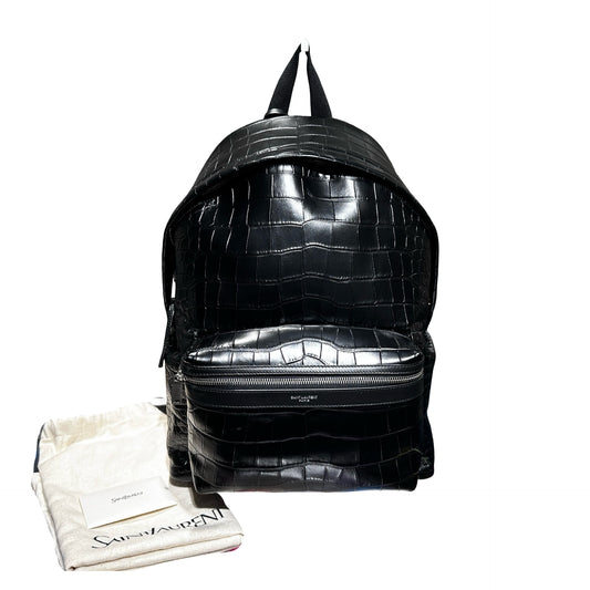 Used SAINT LAURENT Crocodile-Embossed Saint Laurent City Backpack PHW Black