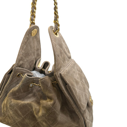 Used CHANEL Suede Quilted Suede Quilted Handbag Handbag Khaki Gold