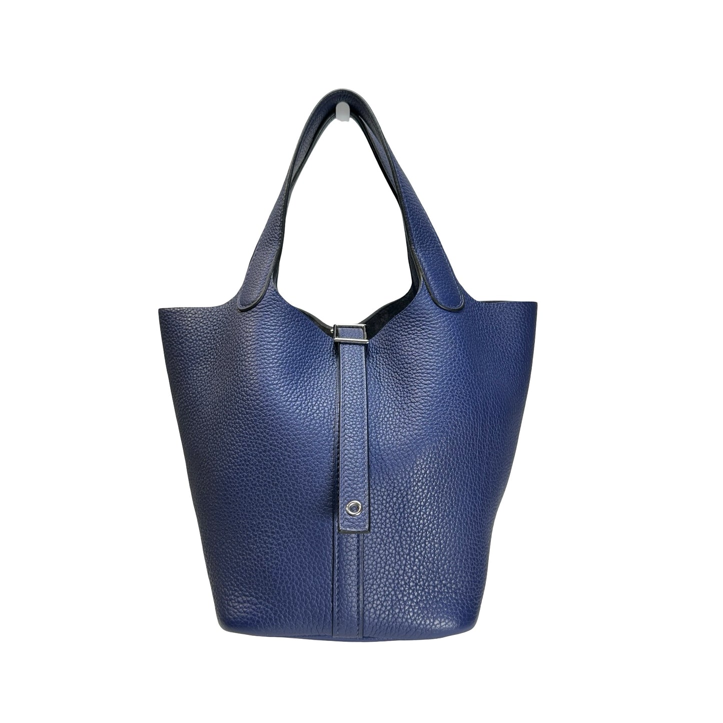 Used HERMES Clemence Leather Picotin 18 Bucket Bag Blue PHW