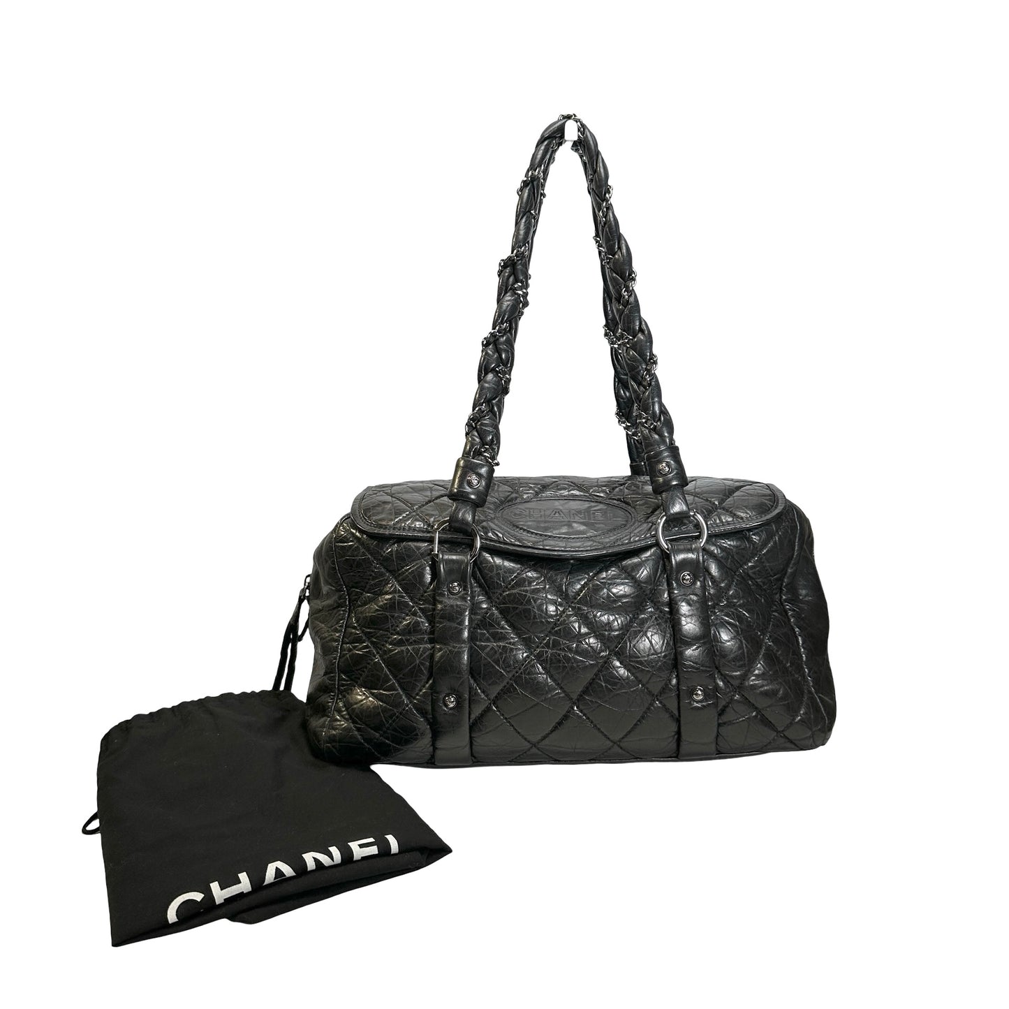 Used CHANEL Quilted Quilted Aged Calfskin Bowler Bag Handbag Black
