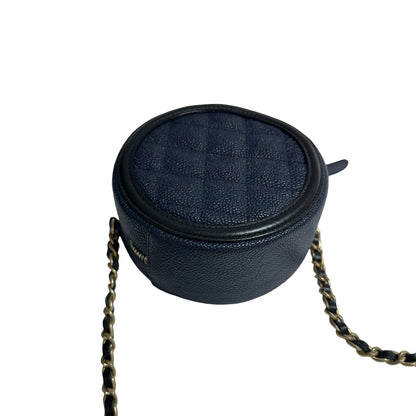 Used CHANEL Round Clutch with Chain Chain Shoulder Bag Navy Blue GHW