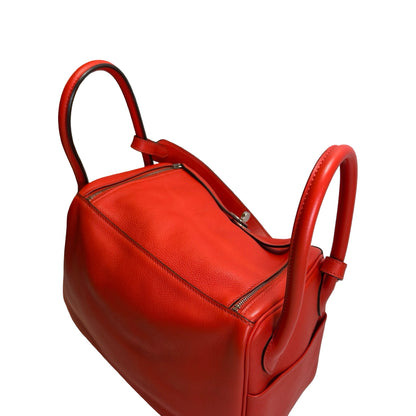 Used HERMES Clemence Lindy 26 Handbag Red PHW
