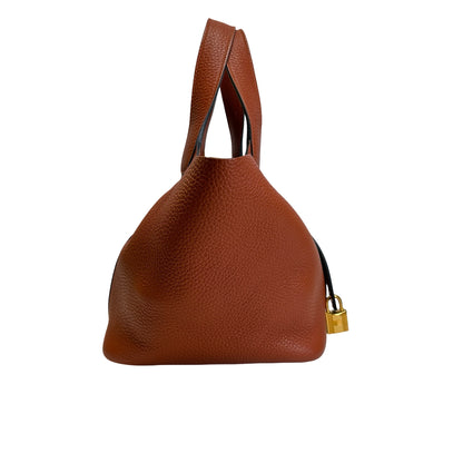 Used HERMES Clemence Leather Picotin 18 Bucket Bag 6C Brown GHW