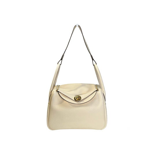 Used HERMES Leather Clemence Lindy Handbag Cream Off-White