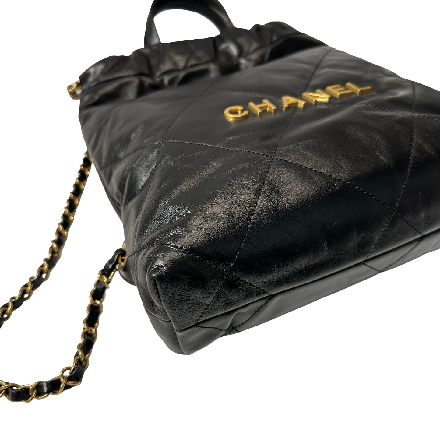 Used CHANEL Shiny Calfskin 23P 22 Small Backpack Black GHW