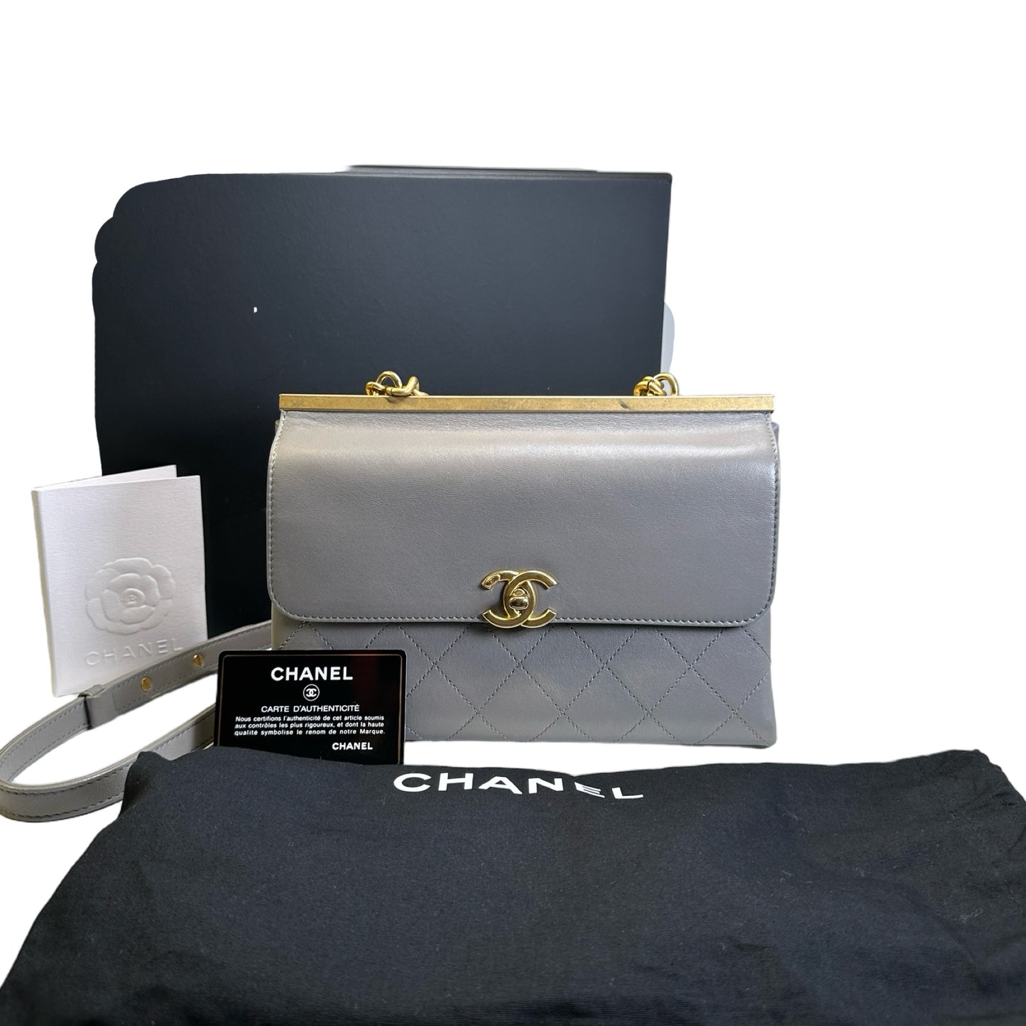 Used CHANEL Quilted Calfskin Clasp Handbag Grey GHW