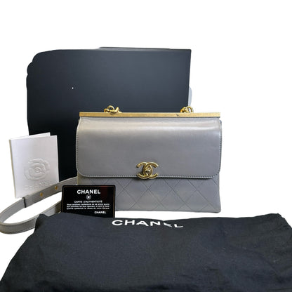 Used CHANEL Quilted Calfskin Clasp Handbag Grey GHW