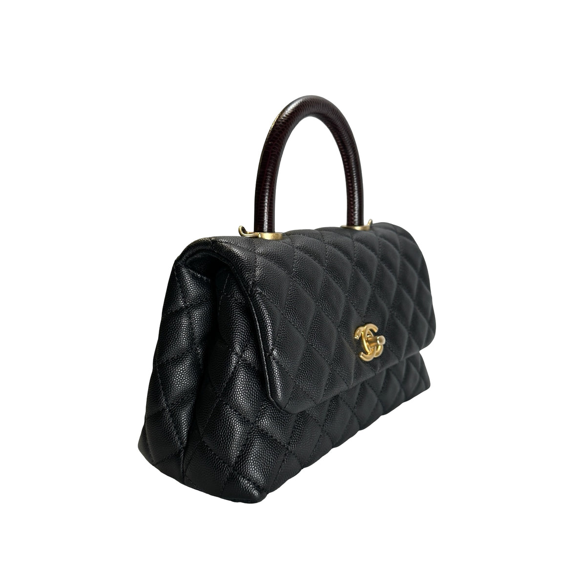 Used CHANEL Quilted Caviar Leather Coco Handle Handbag Black Gold