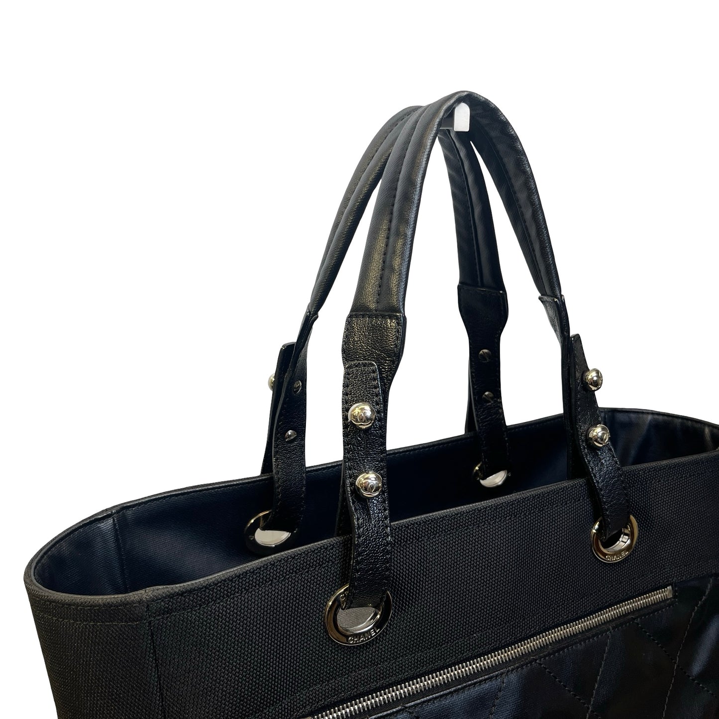 Used CHANEL Quilted Coated Canvas Paris Biarritz Tote Bag Black
