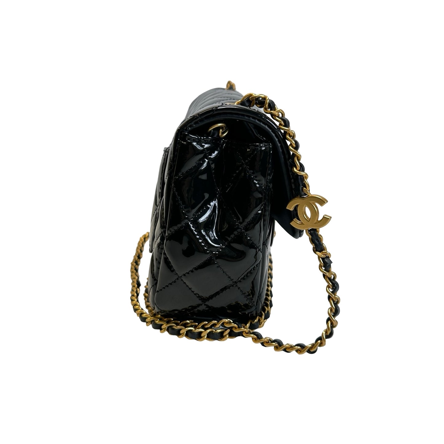 Used CHANEL Quilted Patent Leather Flap Bag Chain Shoulder Bag Black Gold