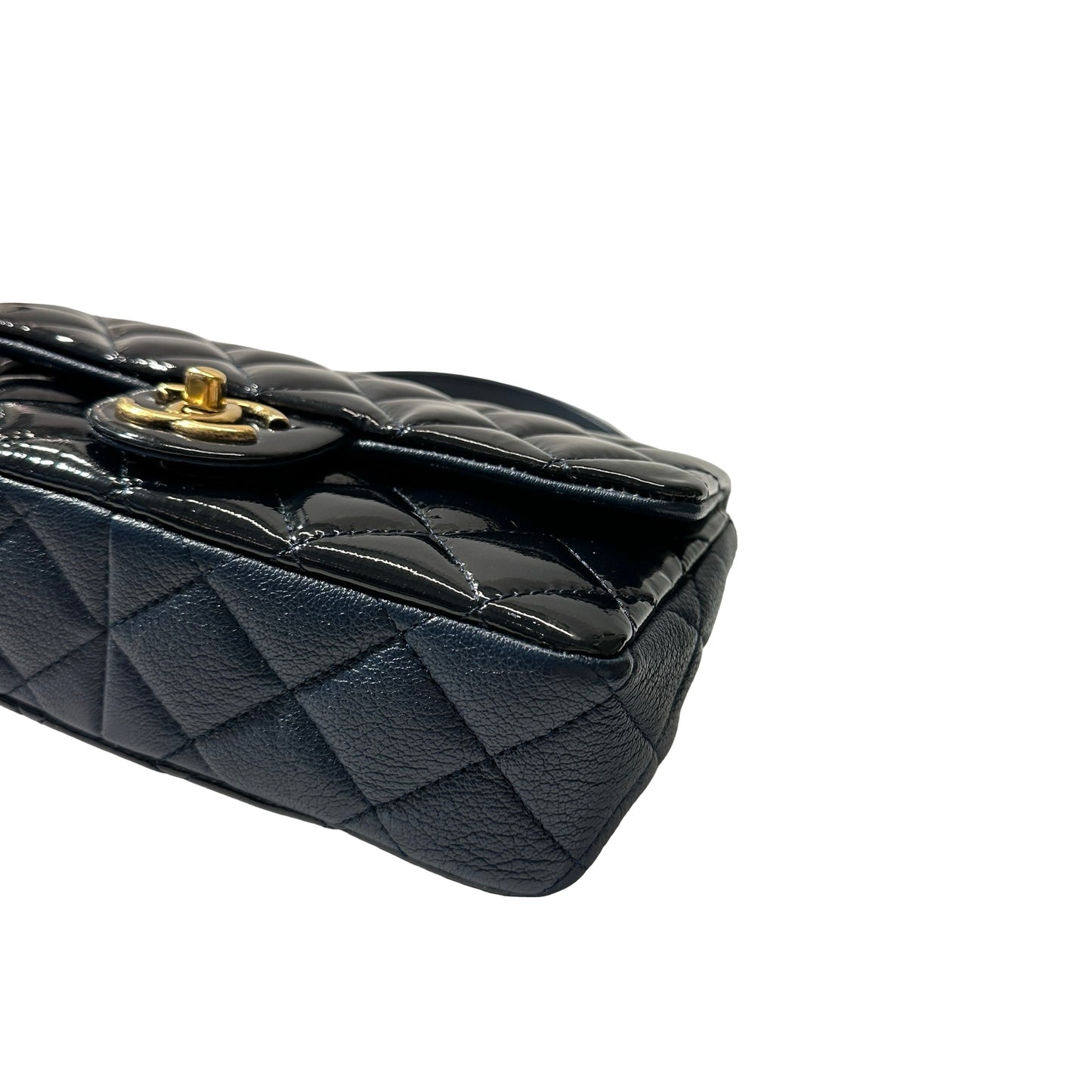Used CHANEL Patent Leather MINI FLAP 20 CM Chain Shoulder Bag Navy Blue GHW