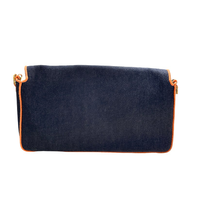 Used FENDI Denim BAEEGUETTE LARGE Shoulder Bag Navy Blue Orange
