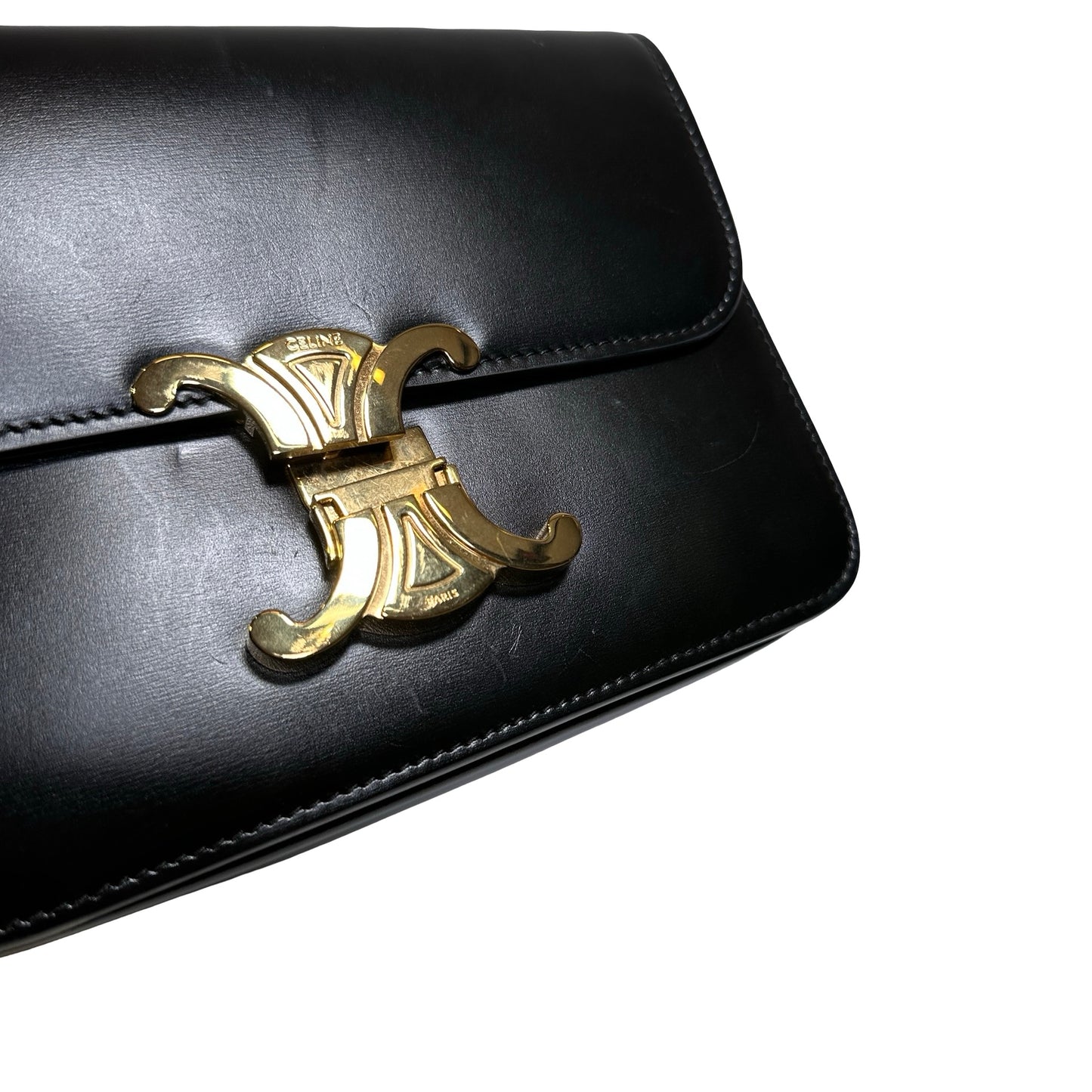 Used CÉLINE Calfskin Leather TEEN TRIOMPHE Cross Body Bag Black GHW