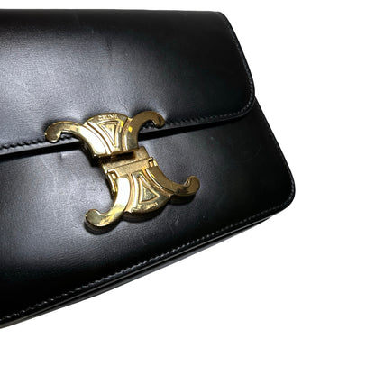 Used CÉLINE Calfskin Leather TEEN TRIOMPHE Cross Body Bag Black GHW