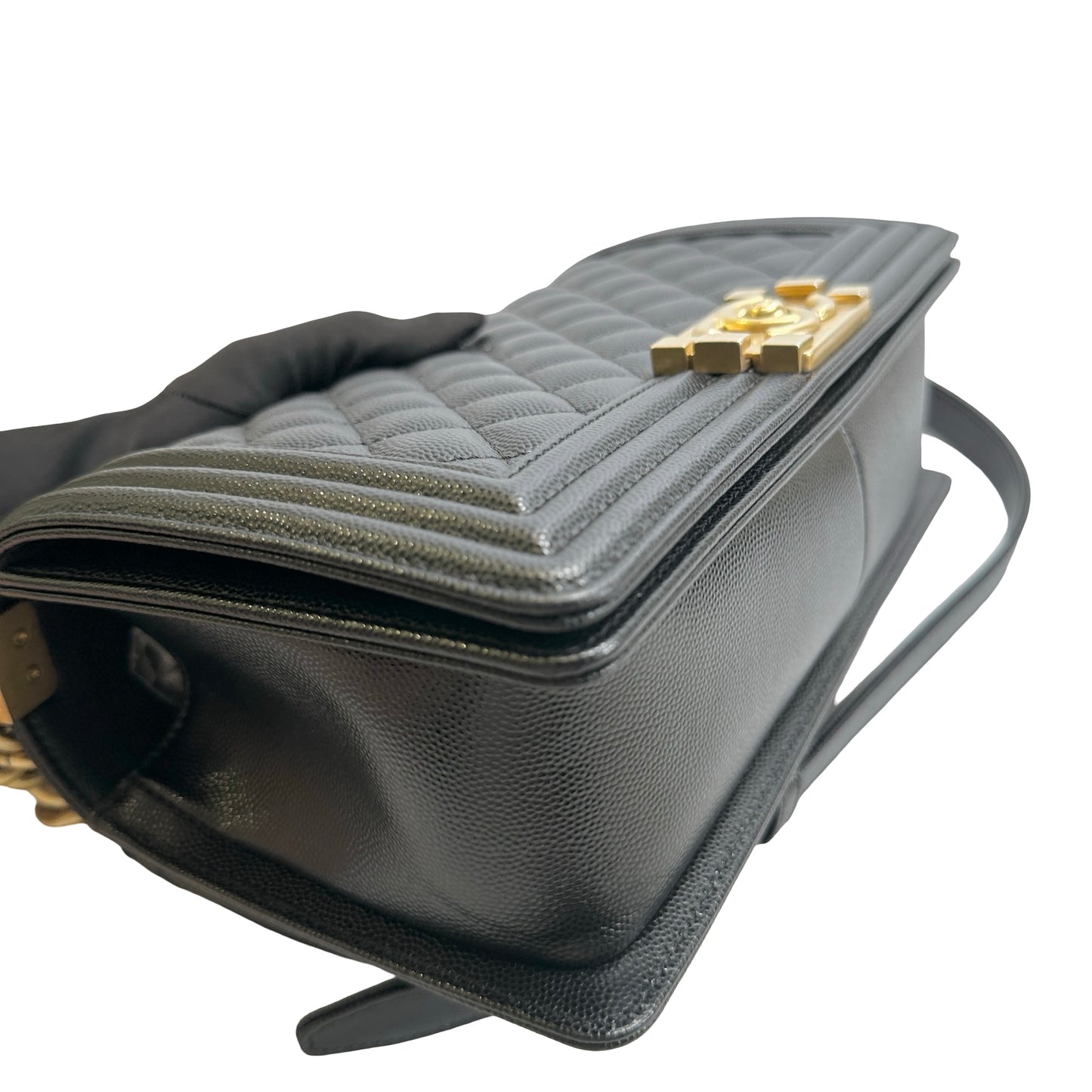 Used CHANEL Quilted Caviar Leather Le Boy Shoulder Bag Black Gold Hardware
