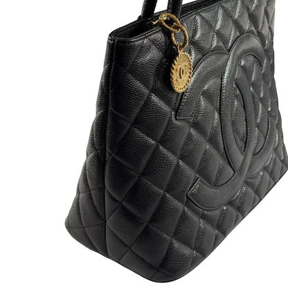 Used Chanel Calfskin Leather Vintage Tote Bag Black GHW