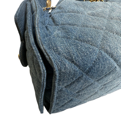 Used CHANEL Denim Quilted Kelly Shoulder Bag Blue GHW