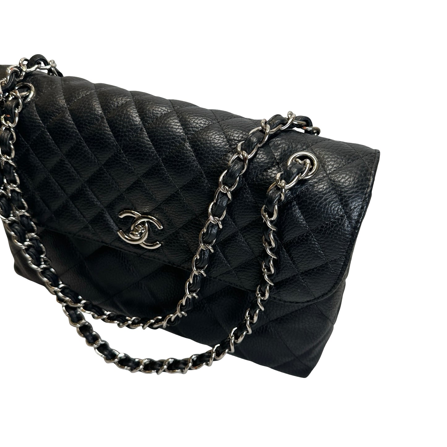 Used CHANEL Quilted Caviar Classic Flap Chain Shoulder Bag Black Silver